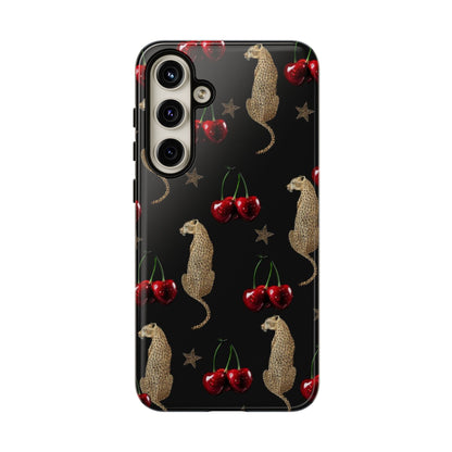 Cherry Leopard Phone Case – Glossy Black Protective Case for iPhone & Samsung