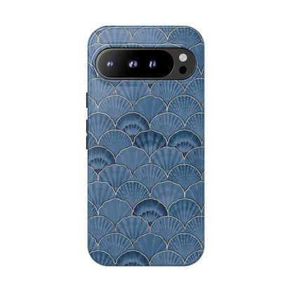Blue Scallop Phone Case for iPhone Samsung Pixel – Art Deco Fan Gold Luxury Aesthetic - JGUS