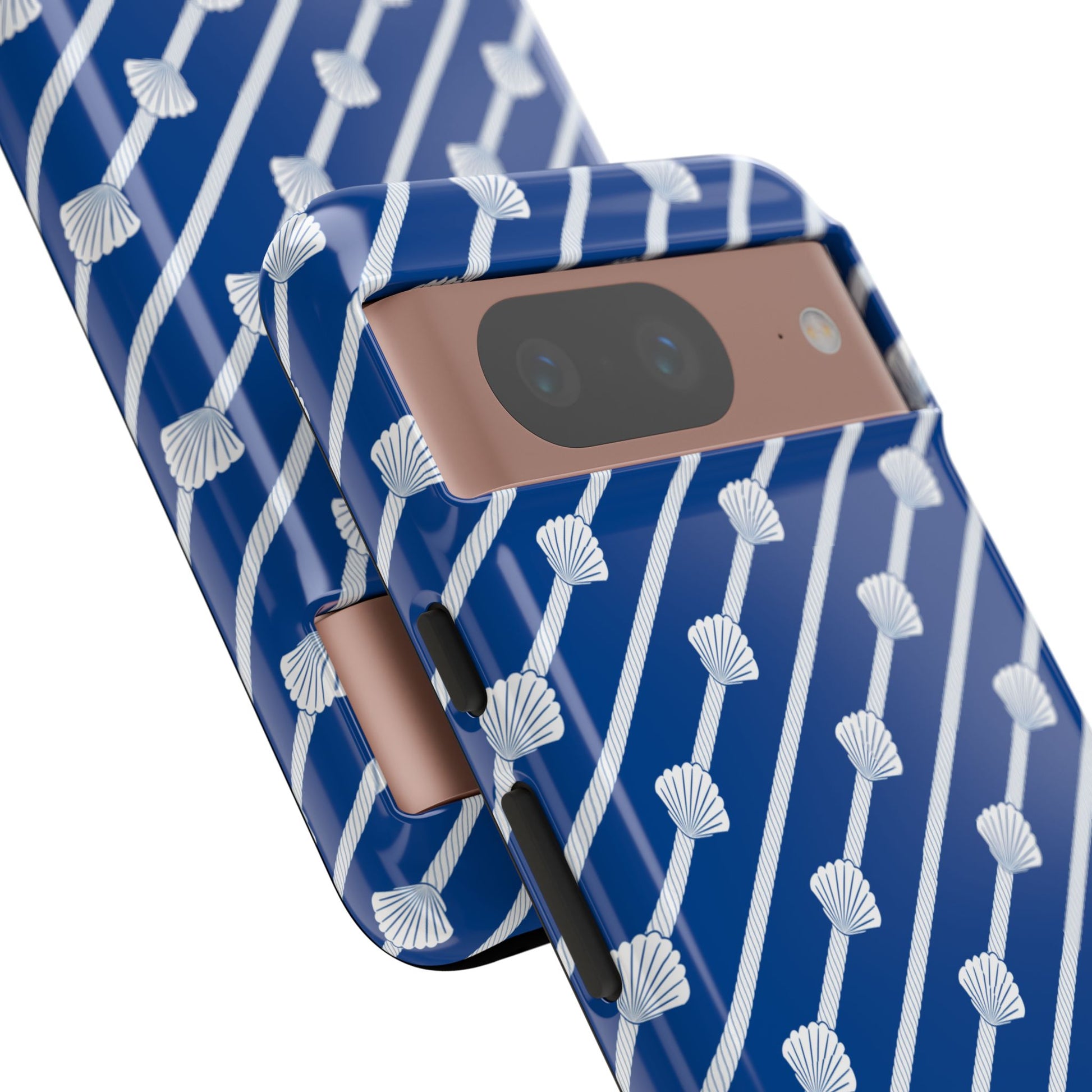 Navy Blue Seashell Phone Case for iPhone Samsung Pixel – Nautical Coastal Stripe Aesthetic - JGUS