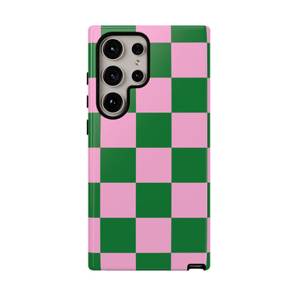 Pink Retro Checkered Phone Case – 90s Aesthetic, Vintage Grid Pattern for iPhone & Samsung - JGUS
