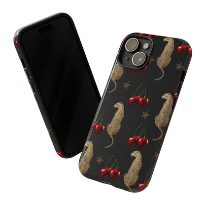 Cherry Leopard Phone Case – Glossy Black Protective Case for iPhone & Samsung