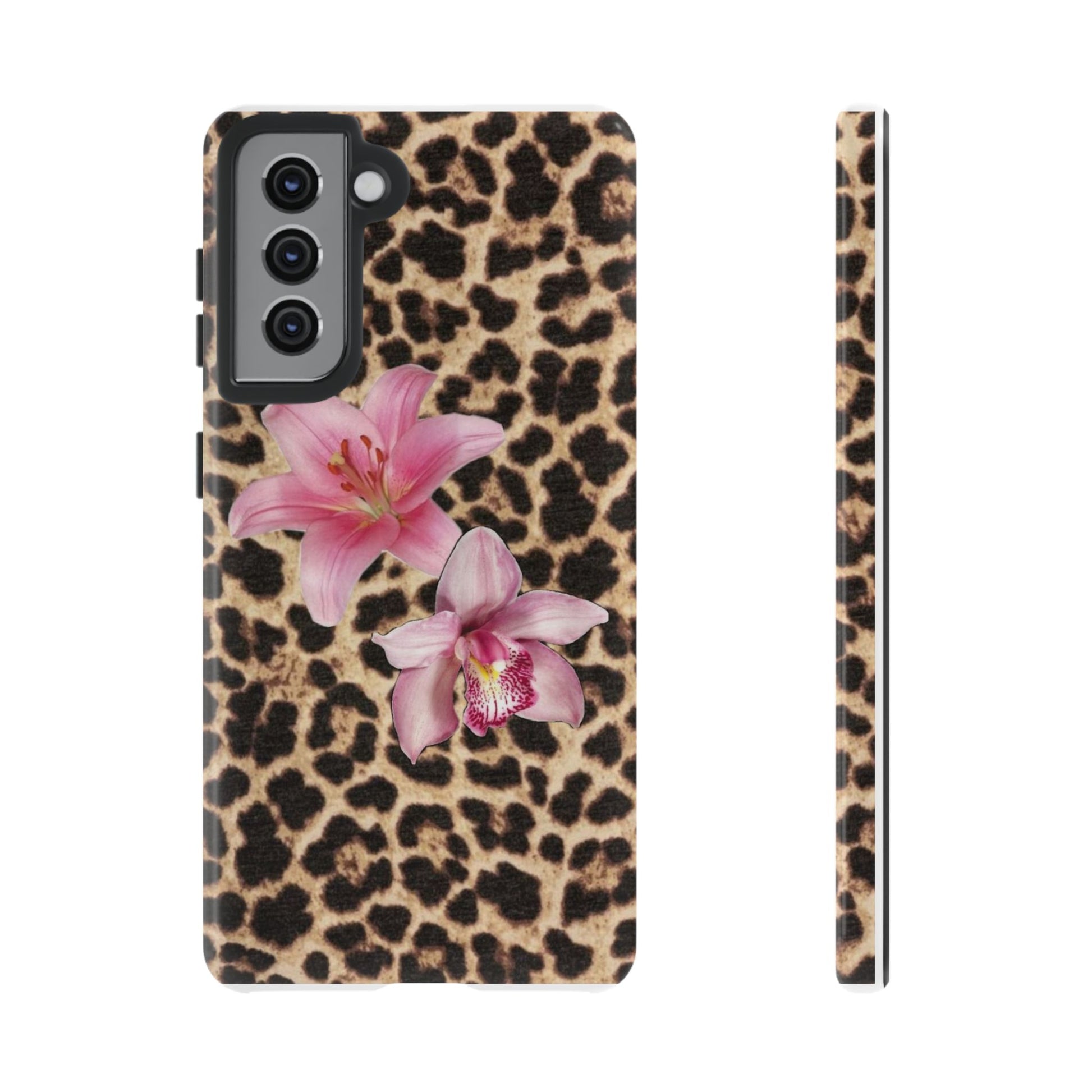 Leopard Print Phone Case with Pink Flowers – Stylish Floral Animal Design for iPhone & Samsung - JGUS