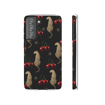 Cherry Leopard Phone Case – Glossy Black Protective Case for iPhone & Samsung