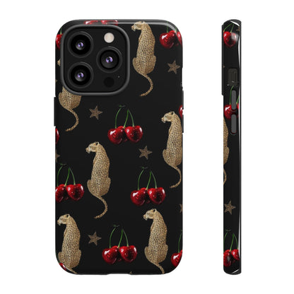Cherry Leopard Phone Case – Glossy Black Protective Case for iPhone & Samsung
