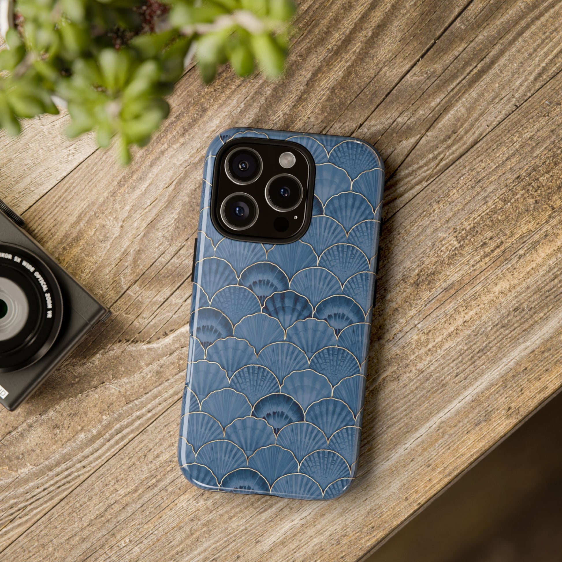 Blue Scallop Phone Case for iPhone Samsung Pixel – Art Deco Fan Gold Luxury Aesthetic - JGUS