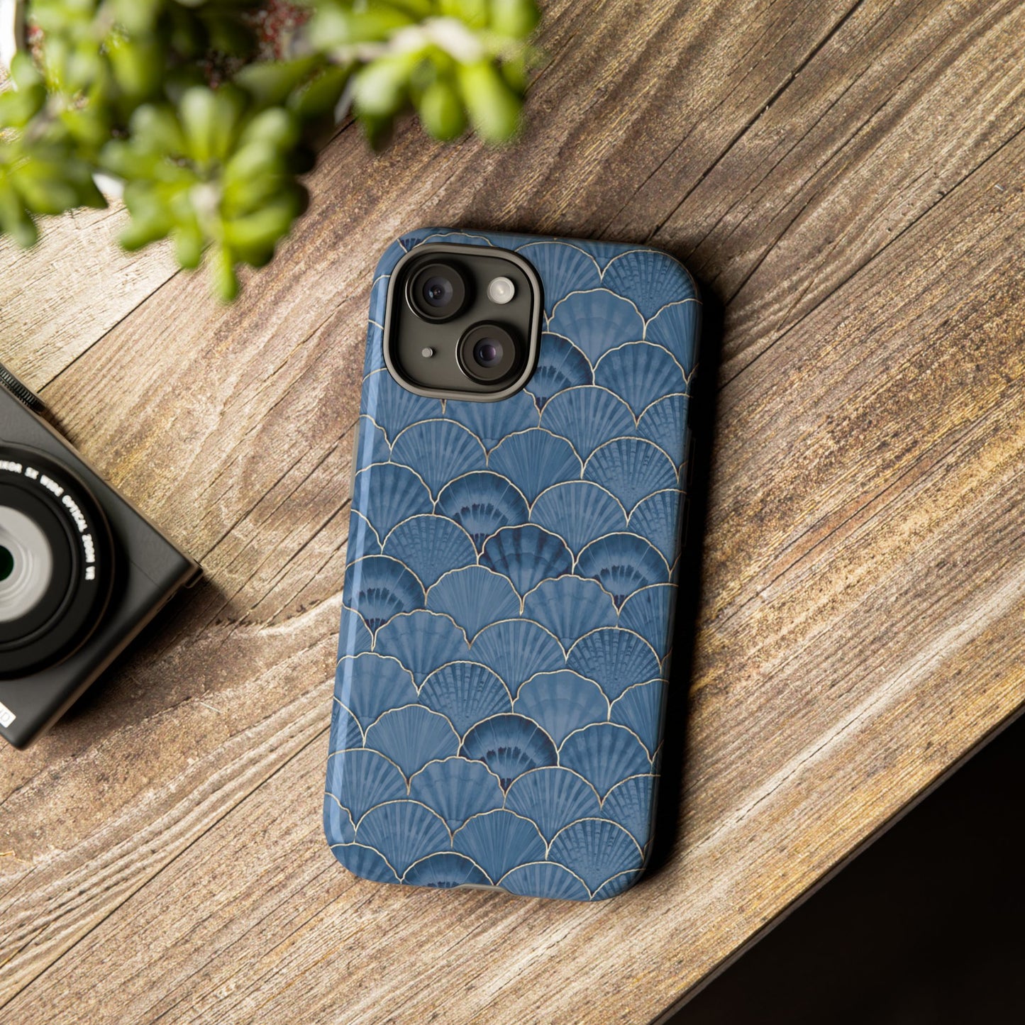 Blue Scallop Phone Case for iPhone Samsung Pixel – Art Deco Fan Gold Luxury Aesthetic - JGUS