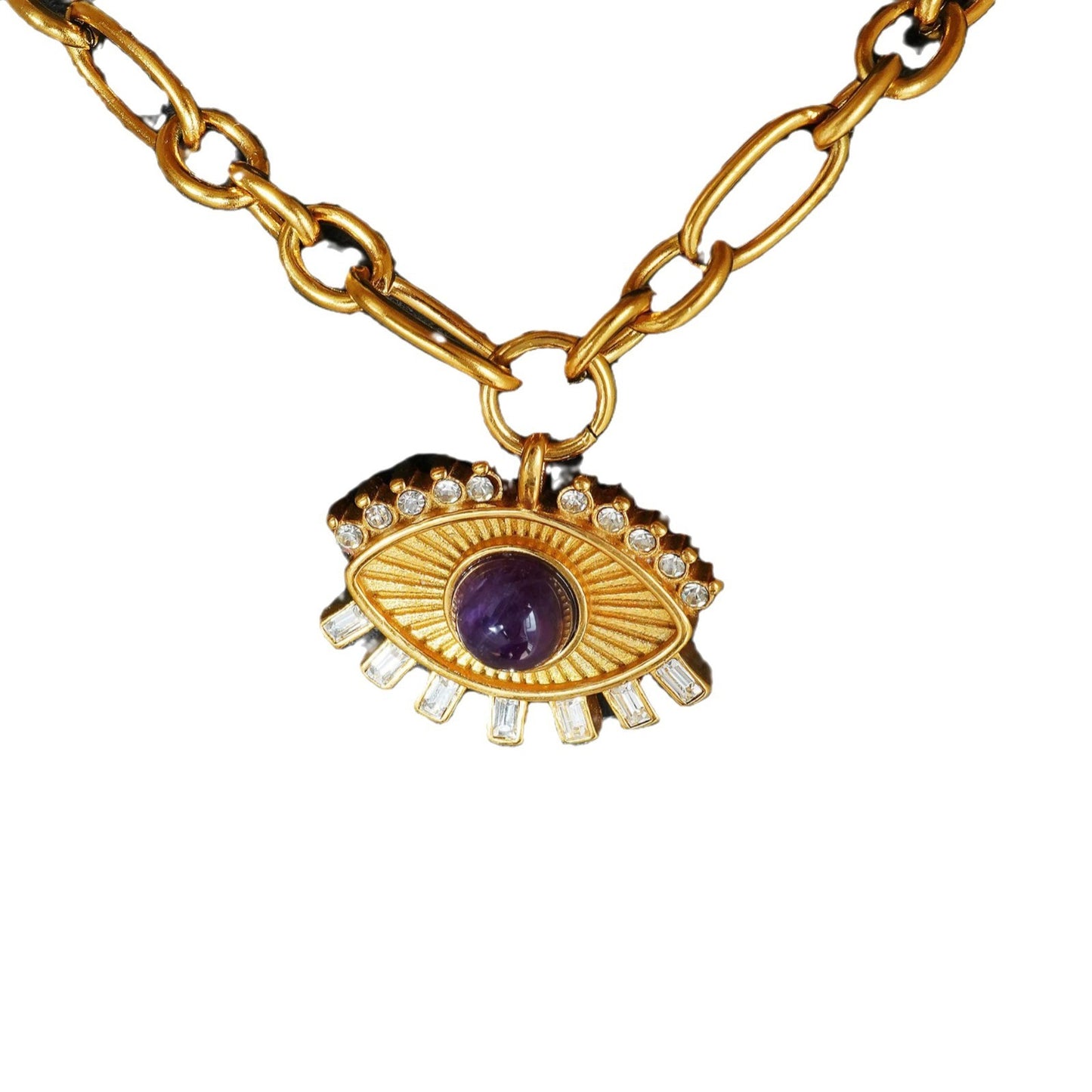 Gold Titanium Steel Lucky Eye Zircon Pendant Necklace | Unique Protection Jewelry