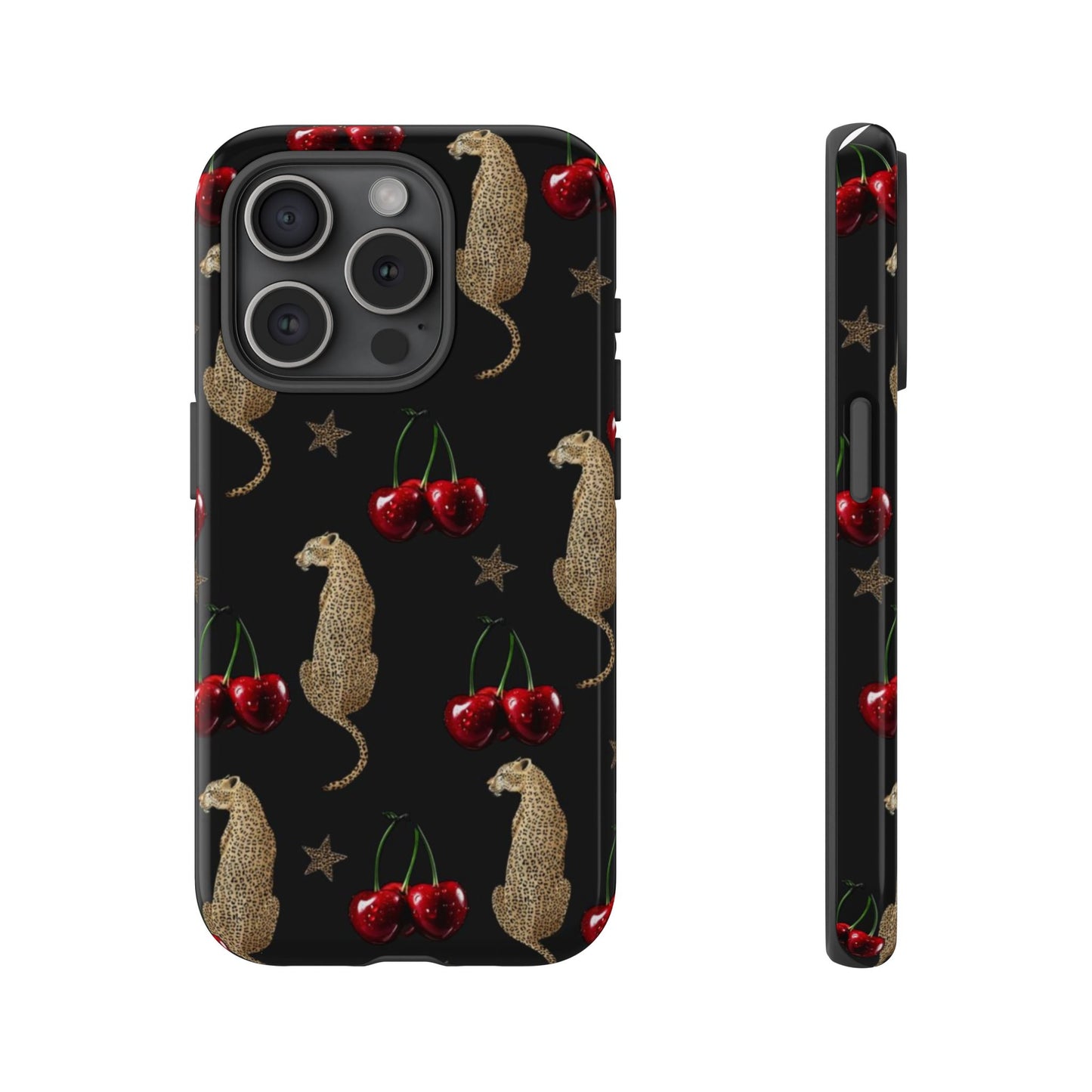 Cherry Leopard Phone Case – Glossy Black Protective Case for iPhone & Samsung
