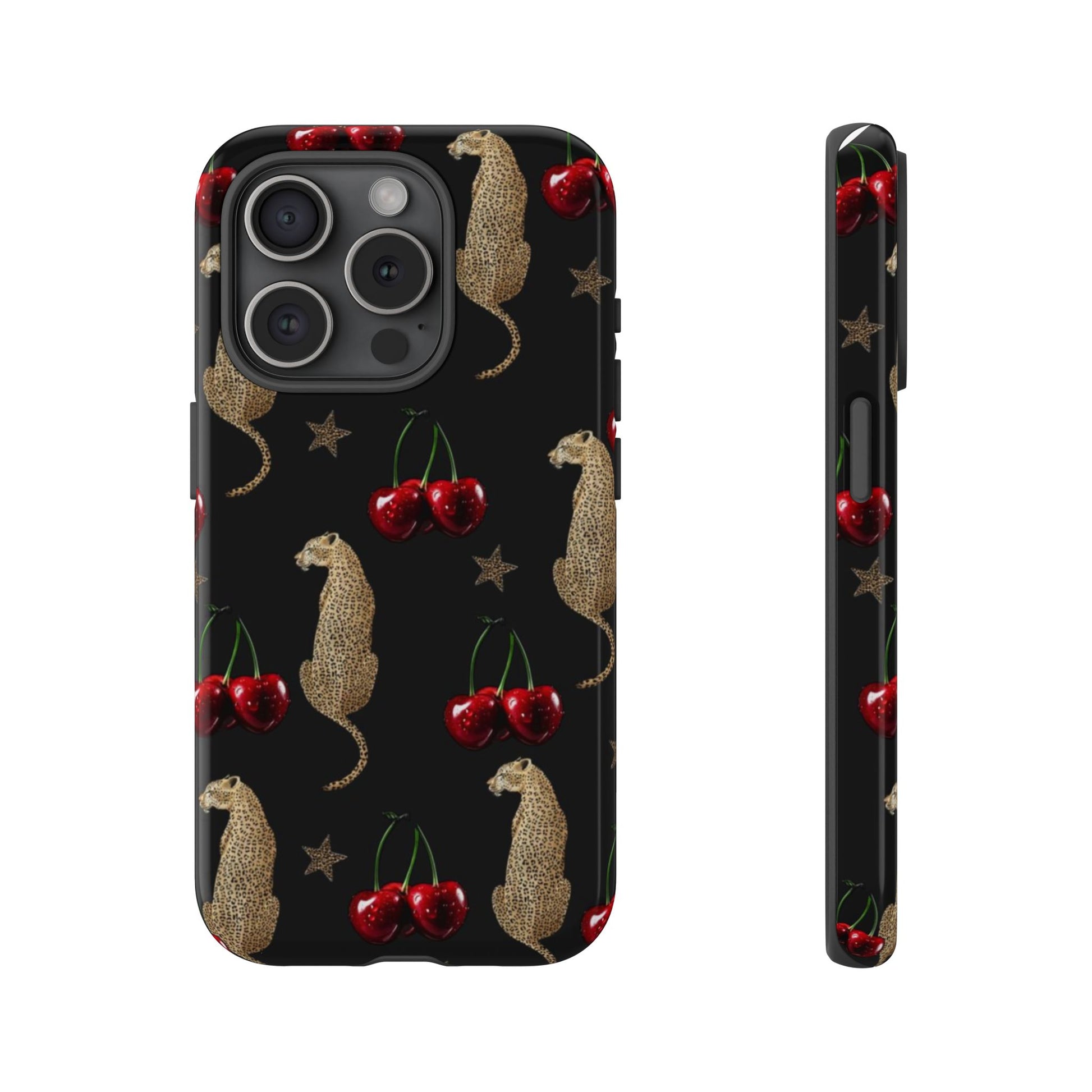 Cherry Leopard Phone Case – Glossy Black Protective Case for iPhone & Samsung - JGUS