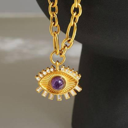 Gold Titanium Steel Lucky Eye Zircon Pendant Necklace | Unique Protection Jewelry