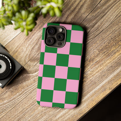 Pink Retro Checkered Phone Case – 90s Aesthetic, Vintage Grid Pattern for iPhone & Samsung - JGUS