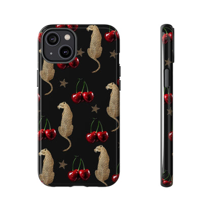 Cherry Leopard Phone Case – Glossy Black Protective Case for iPhone & Samsung