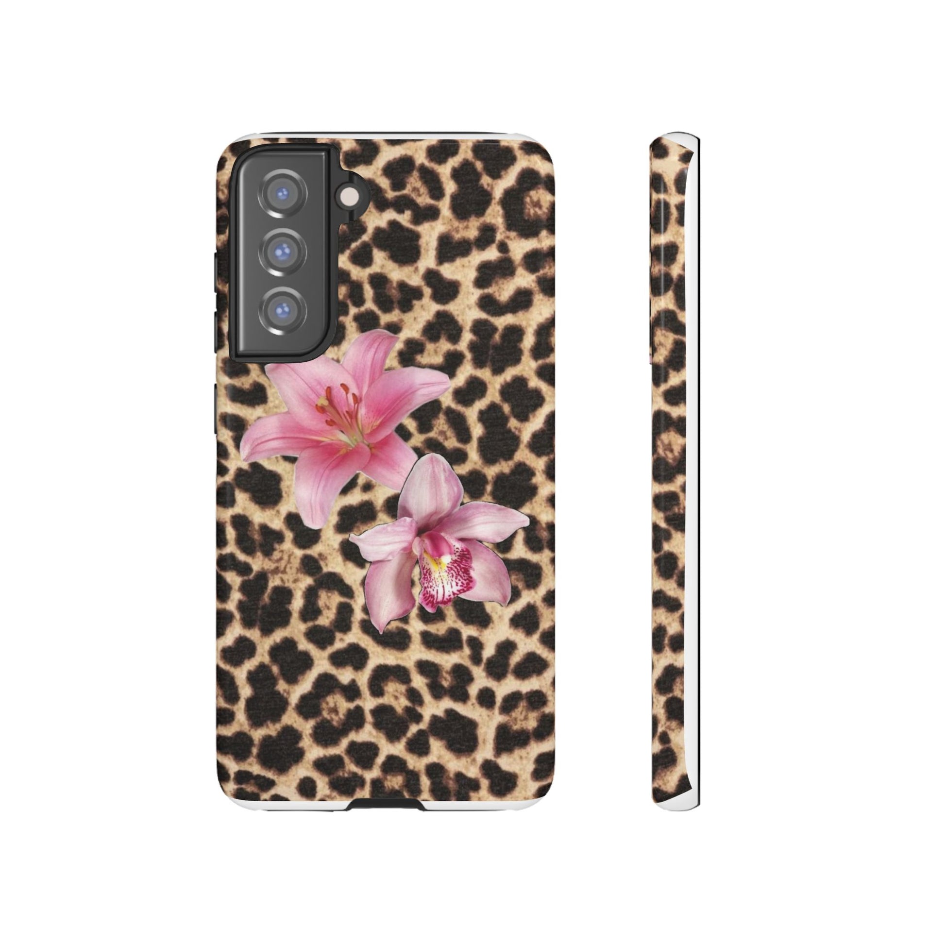 Leopard Print Phone Case with Pink Flowers – Stylish Floral Animal Design for iPhone & Samsung - JGUS