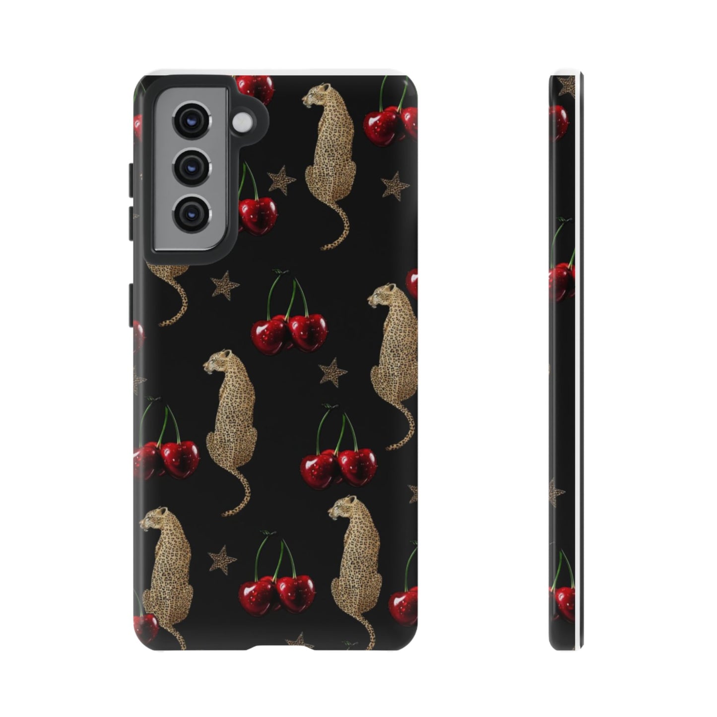 Cherry Leopard Phone Case – Glossy Black Protective Case for iPhone & Samsung
