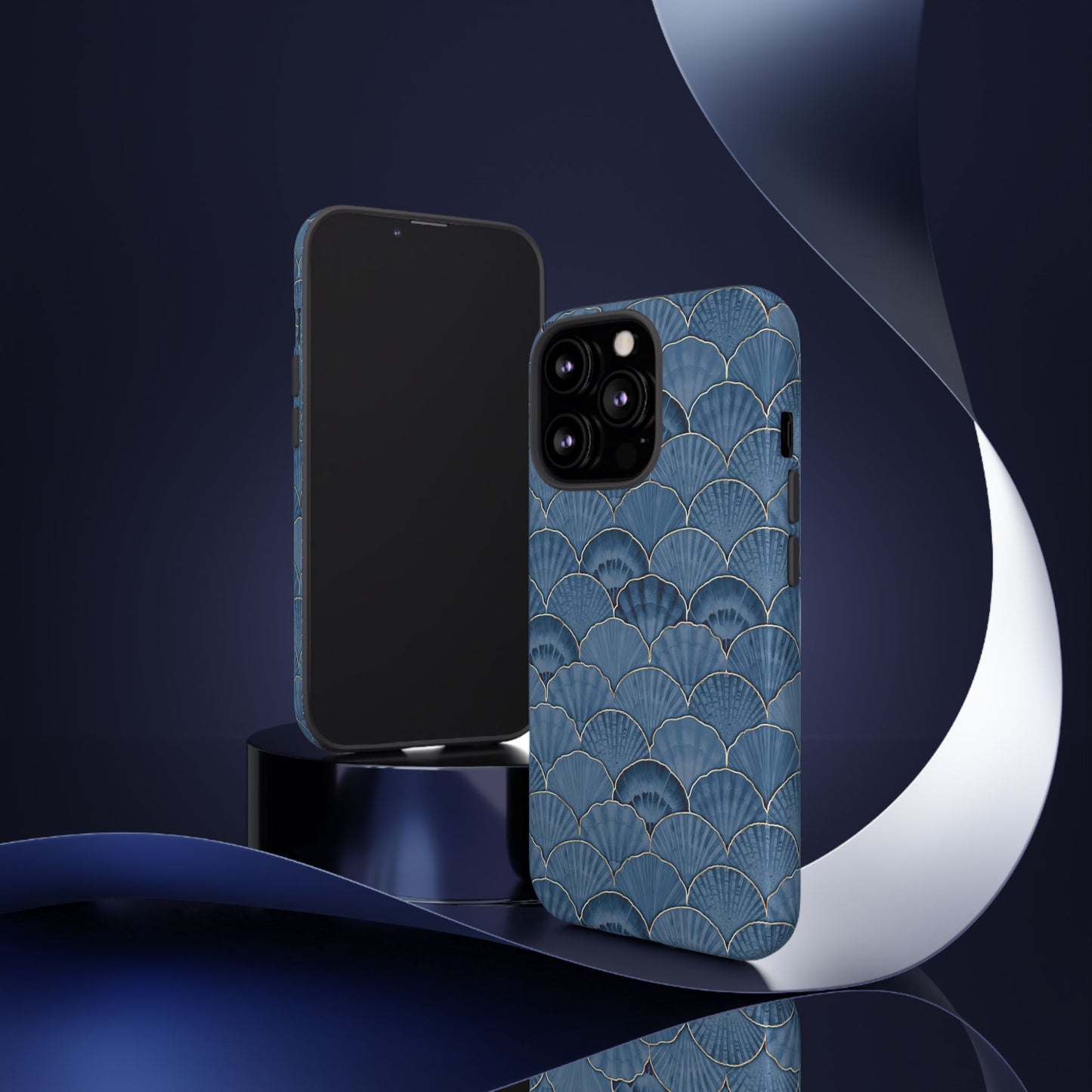 Blue Scallop Phone Case for iPhone Samsung Pixel – Art Deco Fan Gold Luxury Aesthetic - JGUS