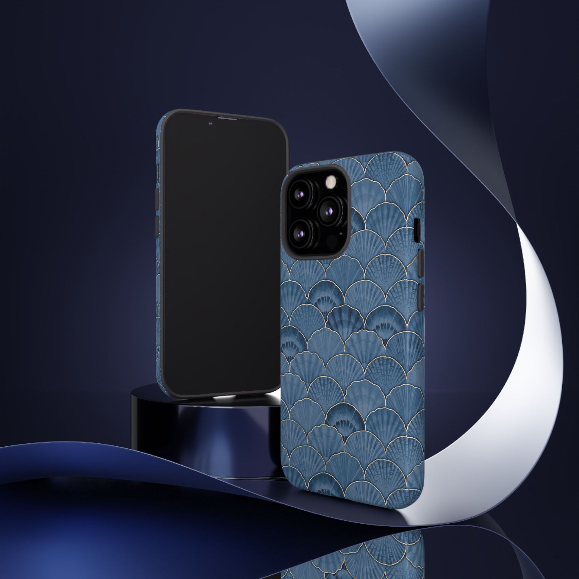 Blue Scallop Phone Case for iPhone Samsung Pixel – Art Deco Fan Gold Luxury Aesthetic - JGUS