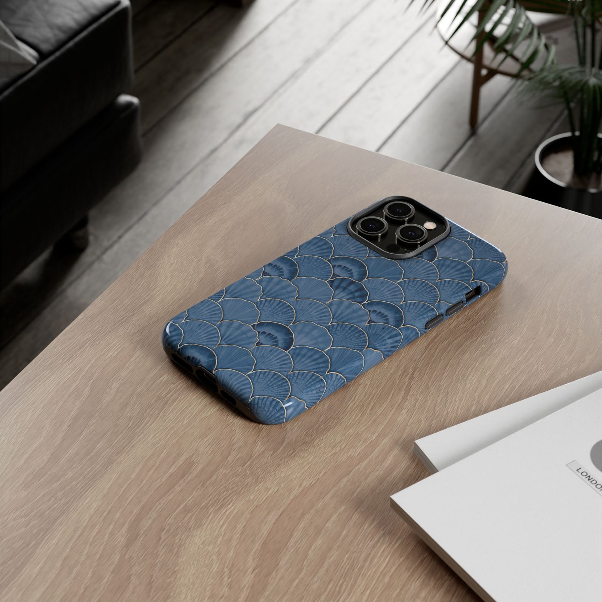 Blue Scallop Phone Case for iPhone Samsung Pixel – Art Deco Fan Gold Luxury Aesthetic - JGUS