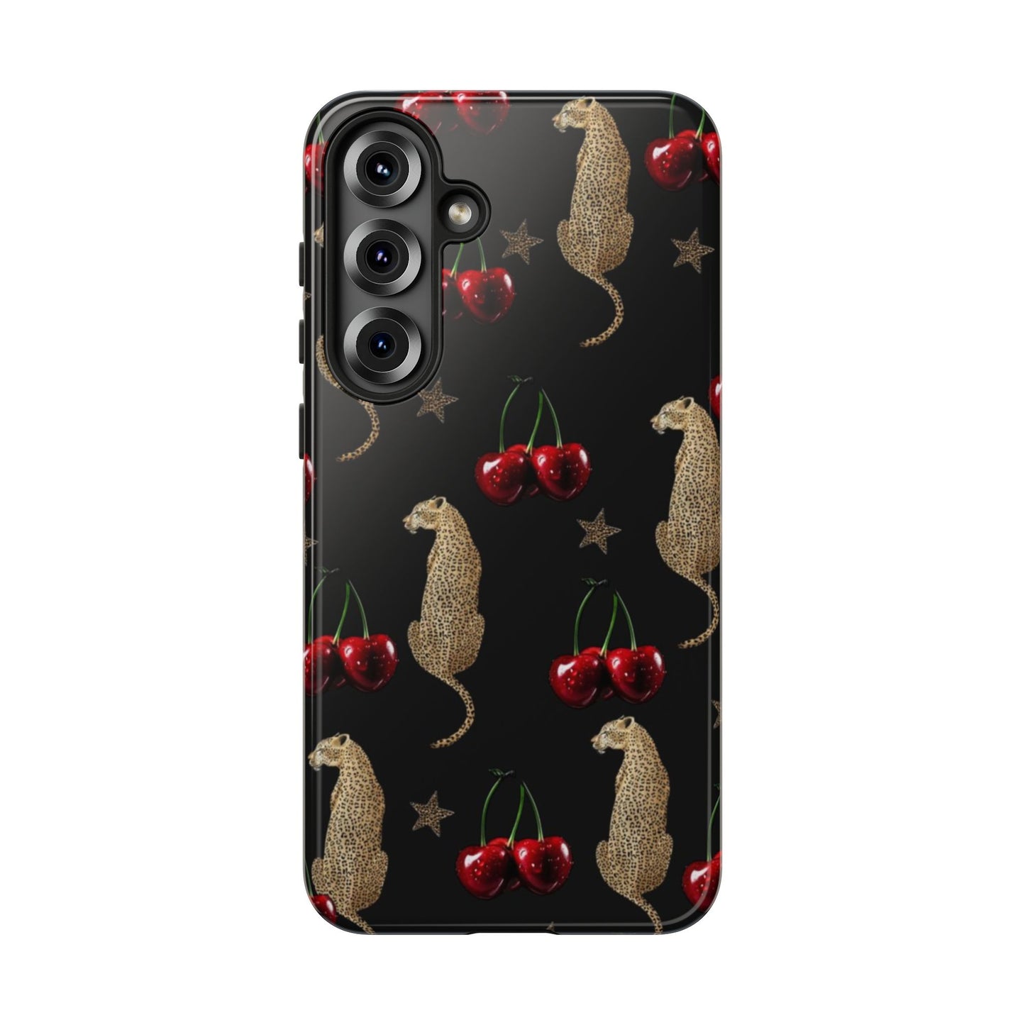 Cherry Leopard Phone Case – Glossy Black Protective Case for iPhone & Samsung