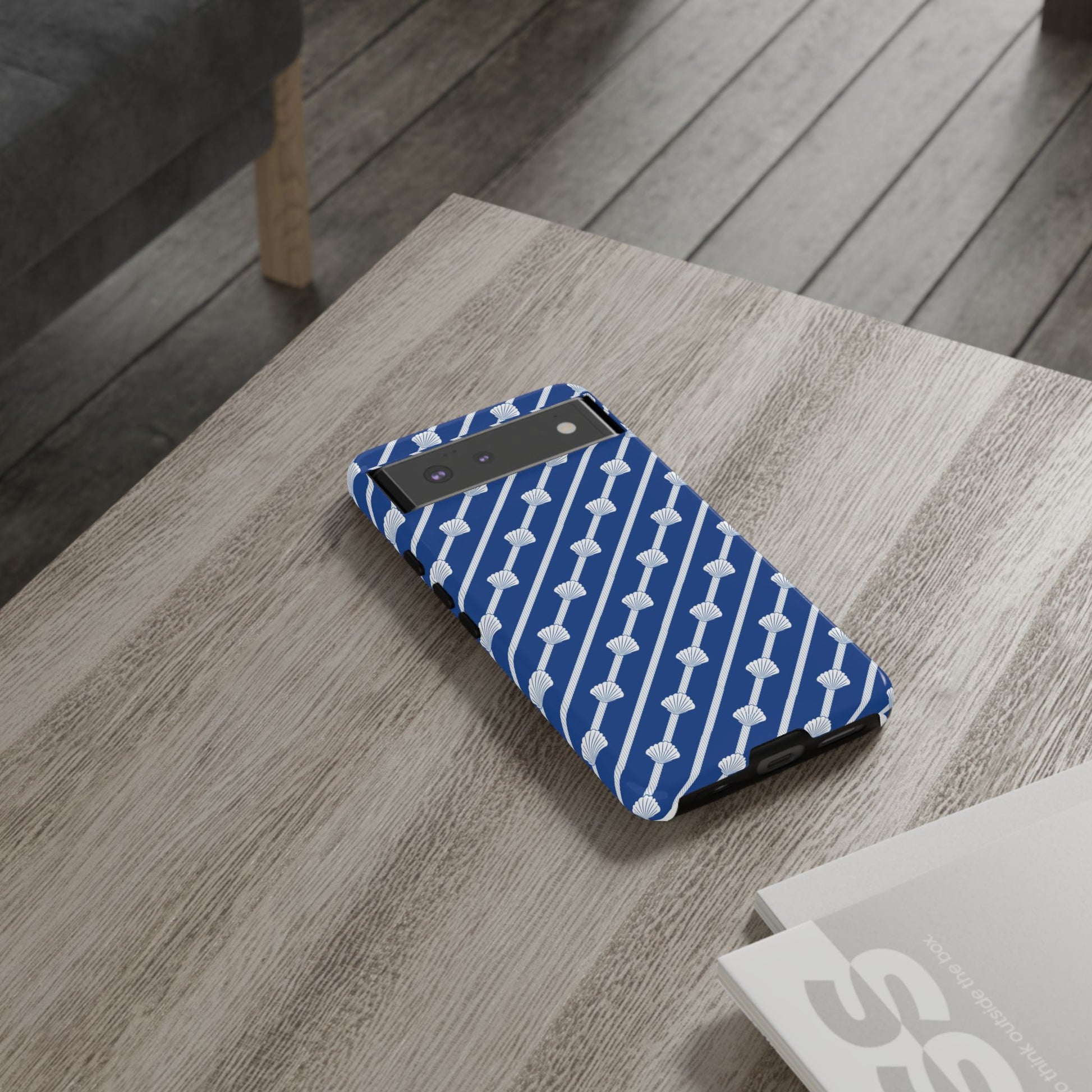 Navy Blue Seashell Phone Case for iPhone Samsung Pixel – Nautical Coastal Stripe Aesthetic - JGUS