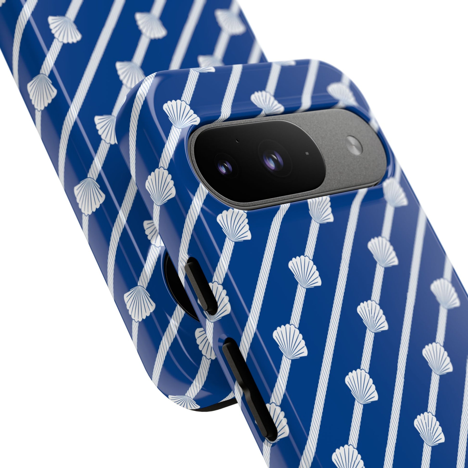 Navy Blue Seashell Phone Case for iPhone Samsung Pixel – Nautical Coastal Stripe Aesthetic - JGUS