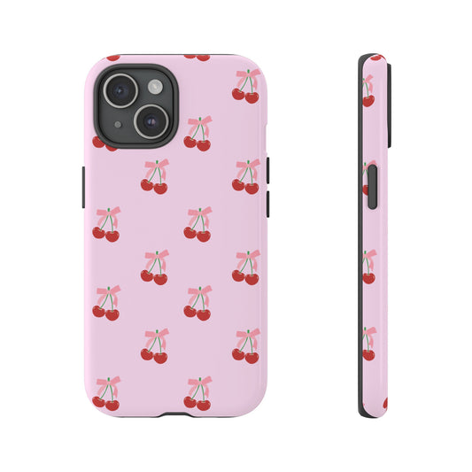Cherry Aesthetic Cover, Coquette Bow Phone Case for iPhone 15 Pro, 14 Pro, 13 Pro, 12 Pro, S24, S23, S22 Cute Girly Tough Protective Cover