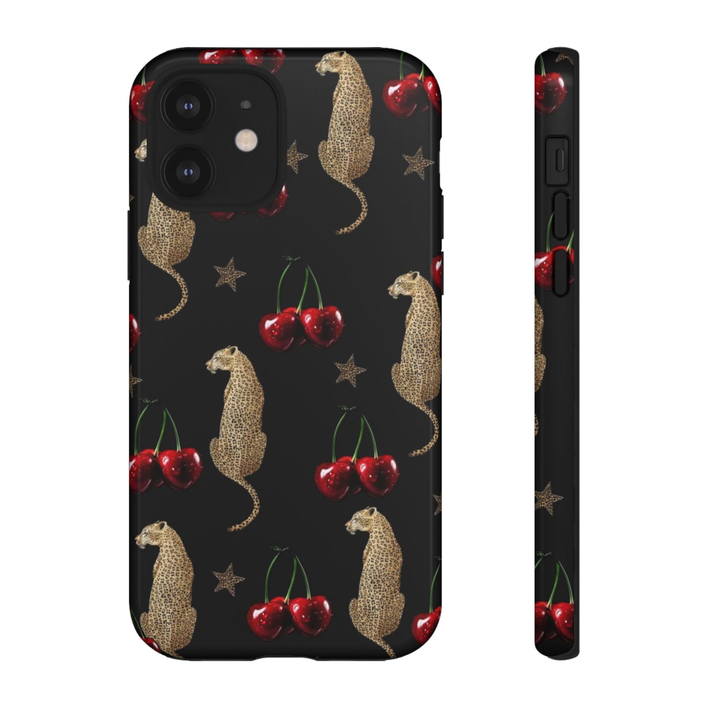 Cherry Leopard Phone Case – Glossy Black Protective Case for iPhone & Samsung