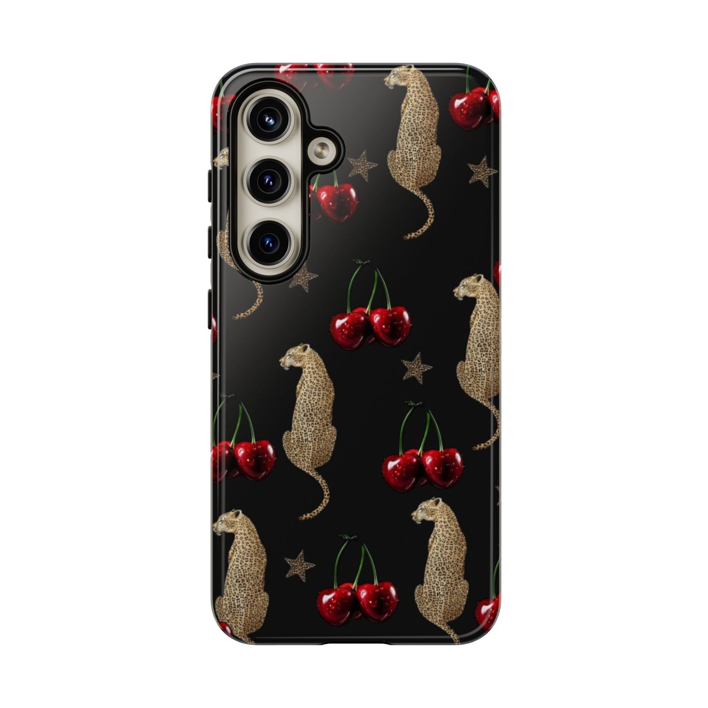 Cherry Leopard Phone Case – Glossy Black Protective Case for iPhone & Samsung