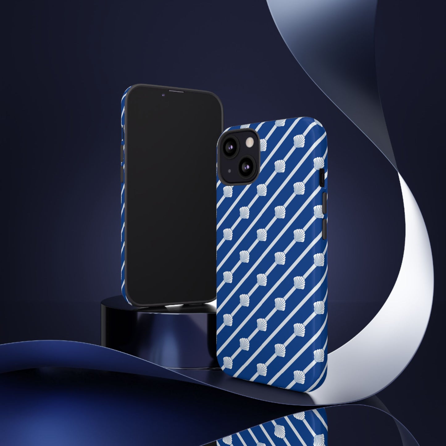 Navy Blue Seashell Phone Case for iPhone Samsung Pixel – Nautical Coastal Stripe Aesthetic - JGUS