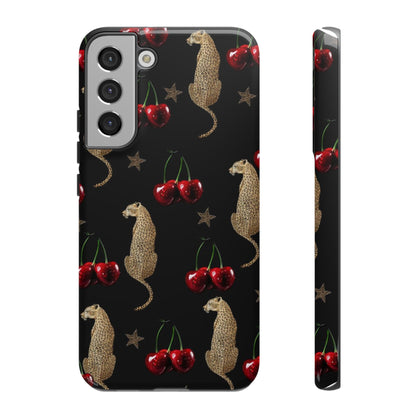 Cherry Leopard Phone Case – Glossy Black Protective Case for iPhone & Samsung