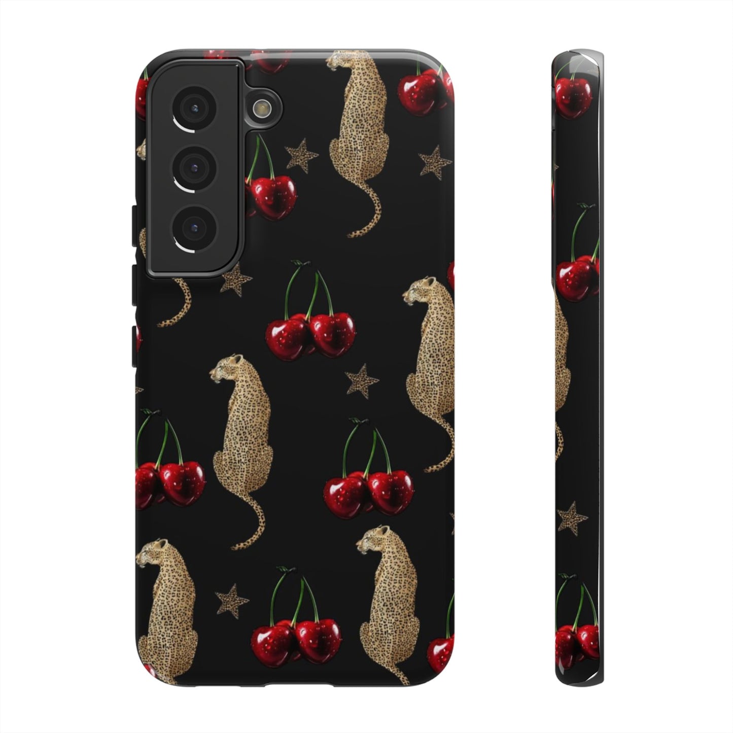 Cherry Leopard Phone Case – Glossy Black Protective Case for iPhone & Samsung