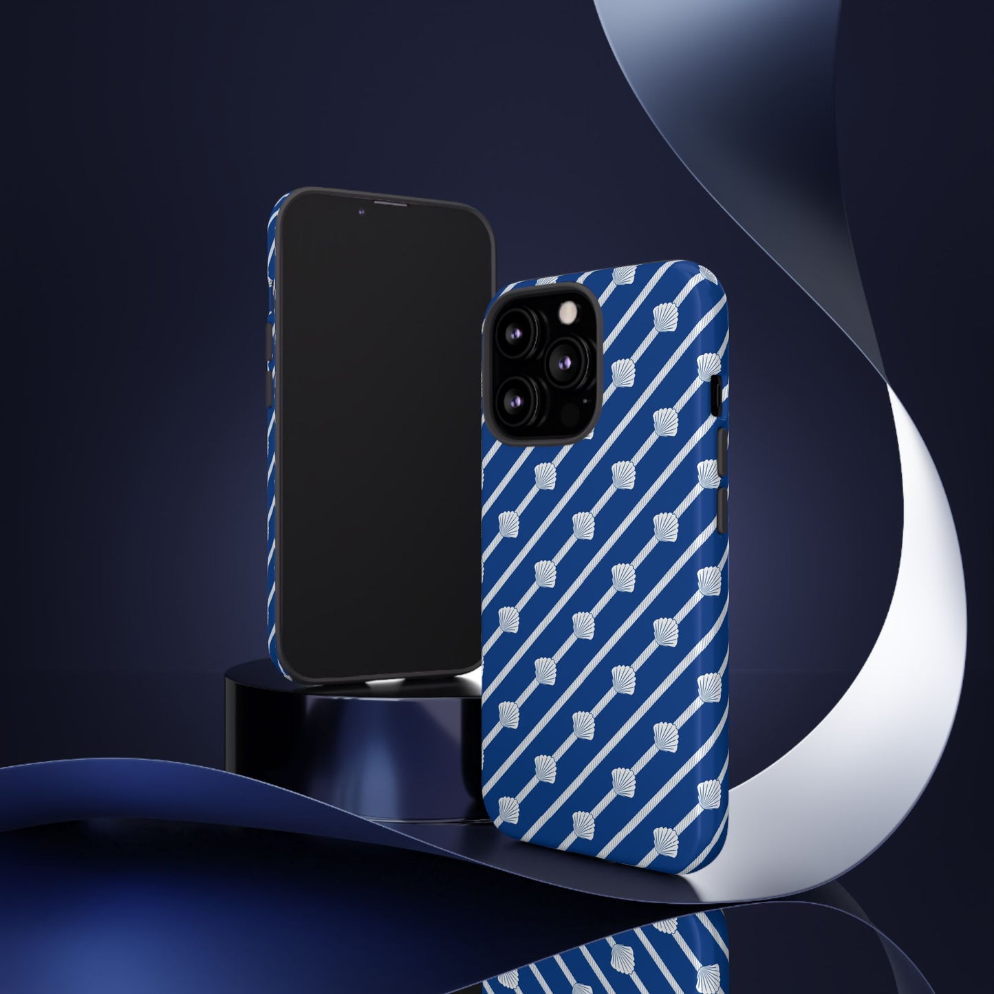 Navy Blue Seashell Phone Case for iPhone Samsung Pixel – Nautical Coastal Stripe Aesthetic - JGUS