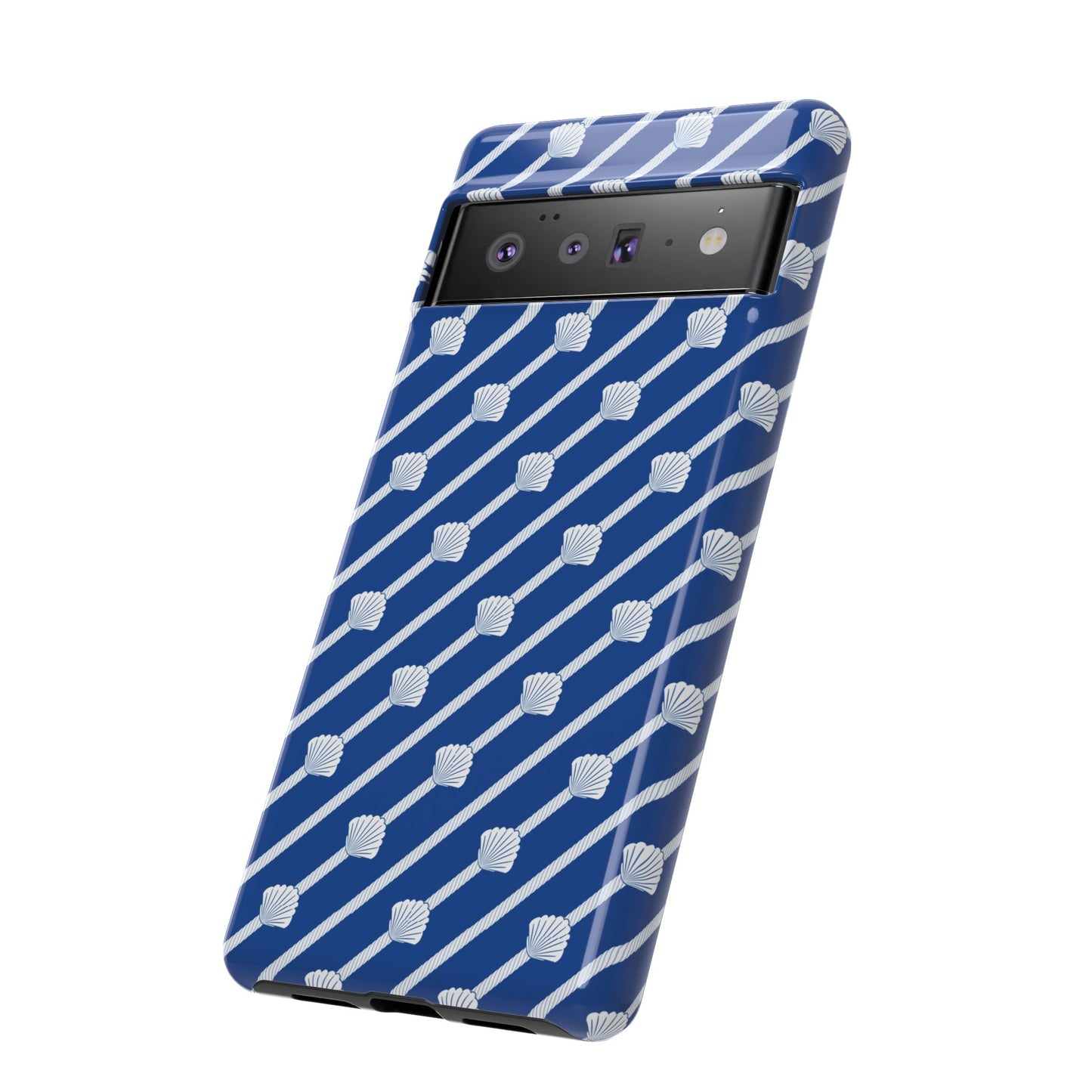 Navy Blue Seashell Phone Case for iPhone Samsung Pixel – Nautical Coastal Stripe Aesthetic - JGUS