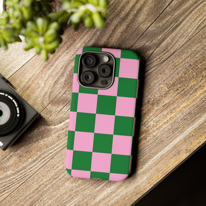 Pink Retro Checkered Phone Case – 90s Aesthetic, Vintage Grid Pattern for iPhone & Samsung - JGUS