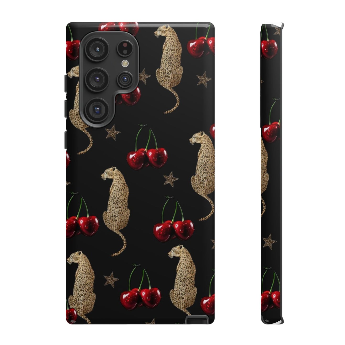 Cherry Leopard Phone Case – Glossy Black Protective Case for iPhone & Samsung