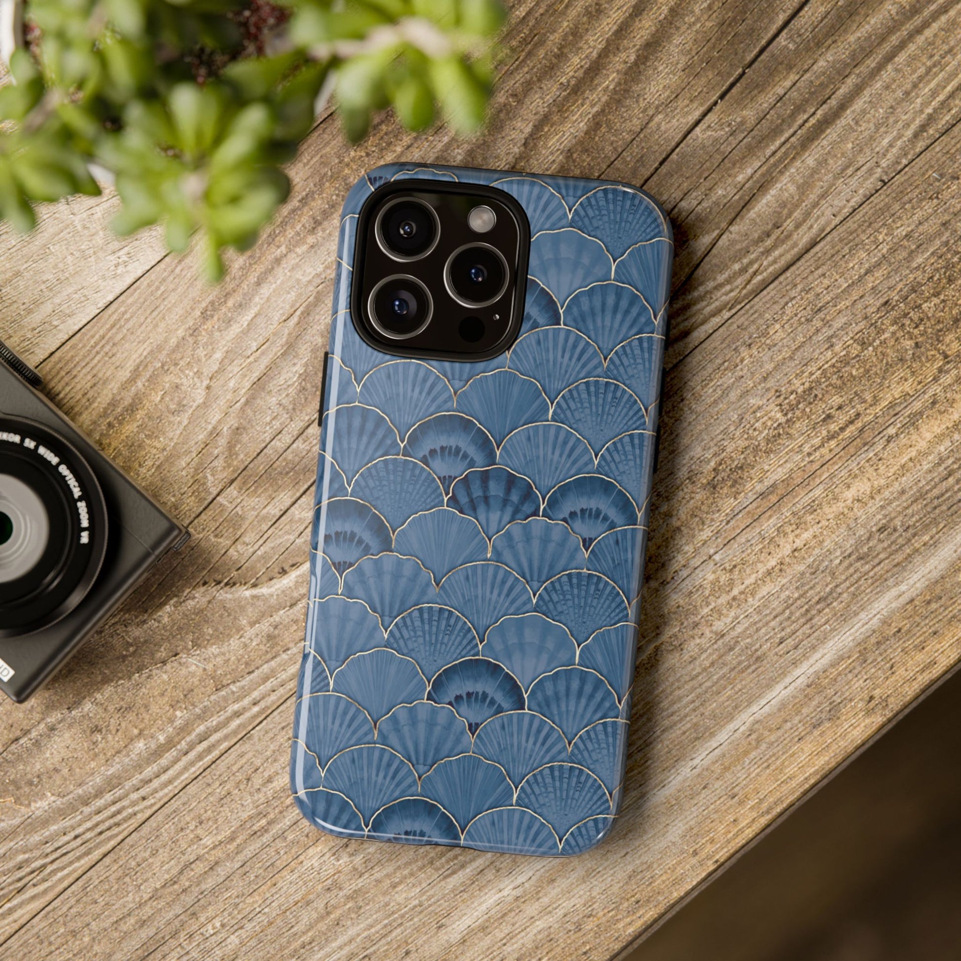 Blue Scallop Phone Case for iPhone Samsung Pixel – Art Deco Fan Gold Luxury Aesthetic - JGUS