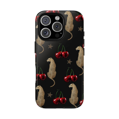 Cherry Leopard Phone Case – Glossy Black Protective Case for iPhone & Samsung