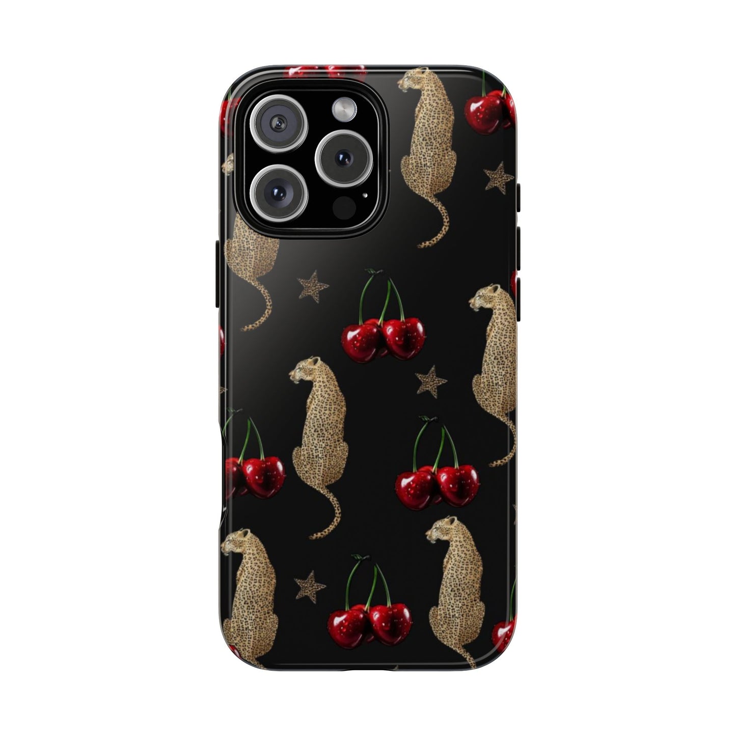 Cherry Leopard Phone Case – Glossy Black Protective Case for iPhone & Samsung