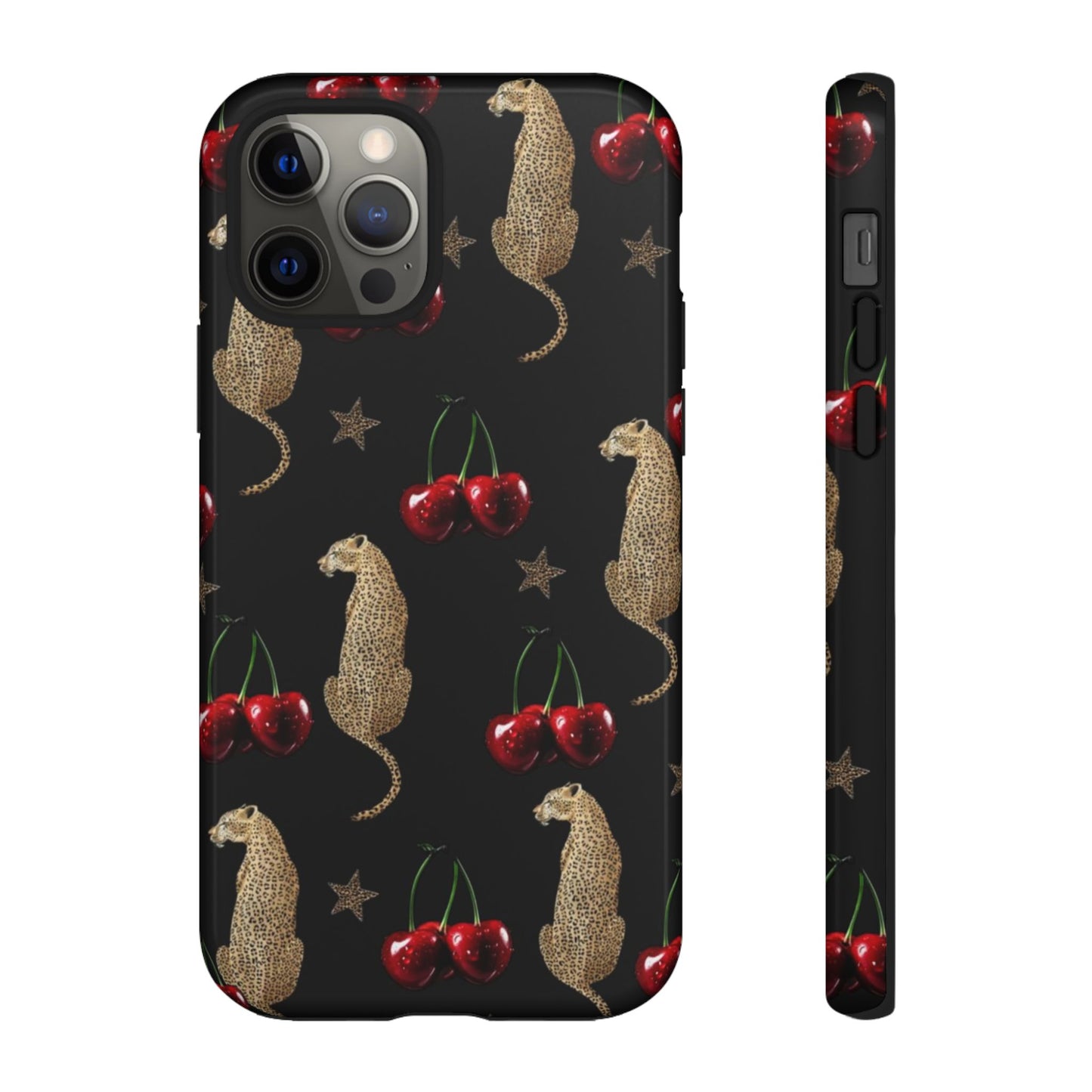 Cherry Leopard Phone Case – Glossy Black Protective Case for iPhone & Samsung