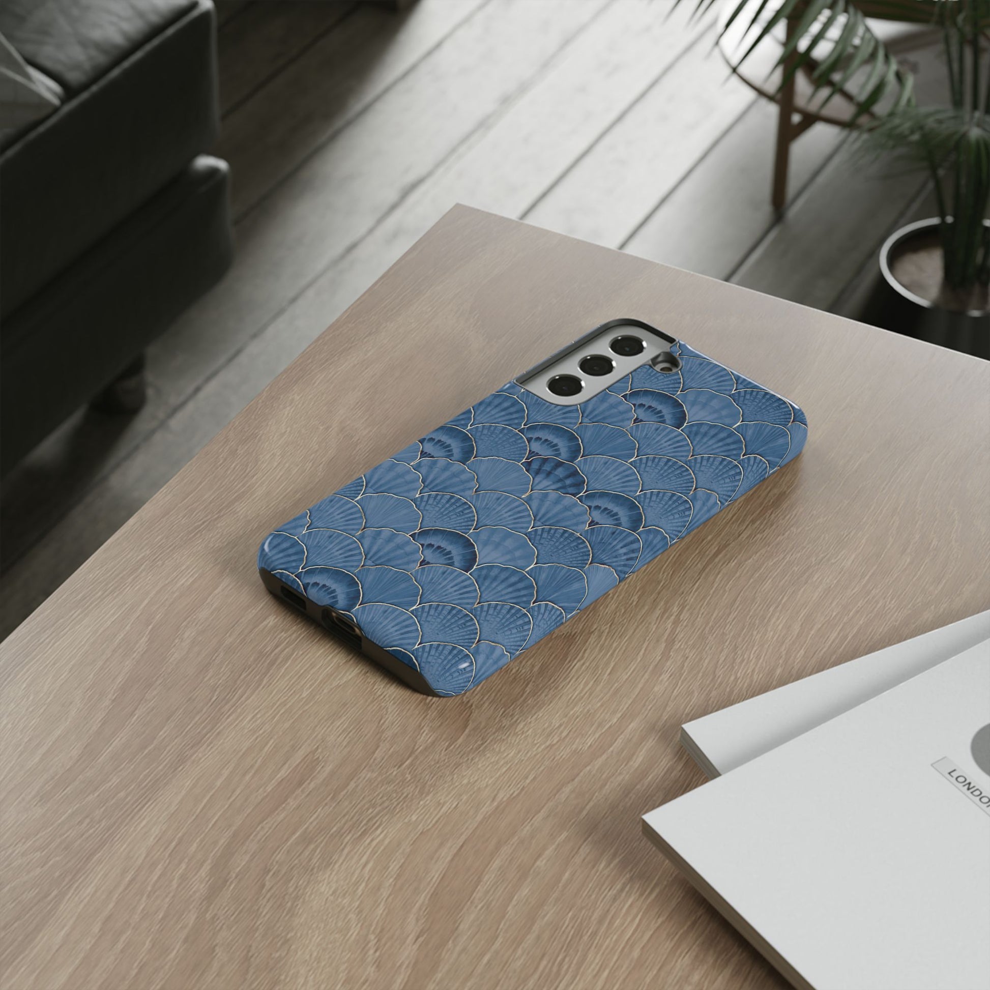 Blue Scallop Phone Case for iPhone Samsung Pixel – Art Deco Fan Gold Luxury Aesthetic - JGUS