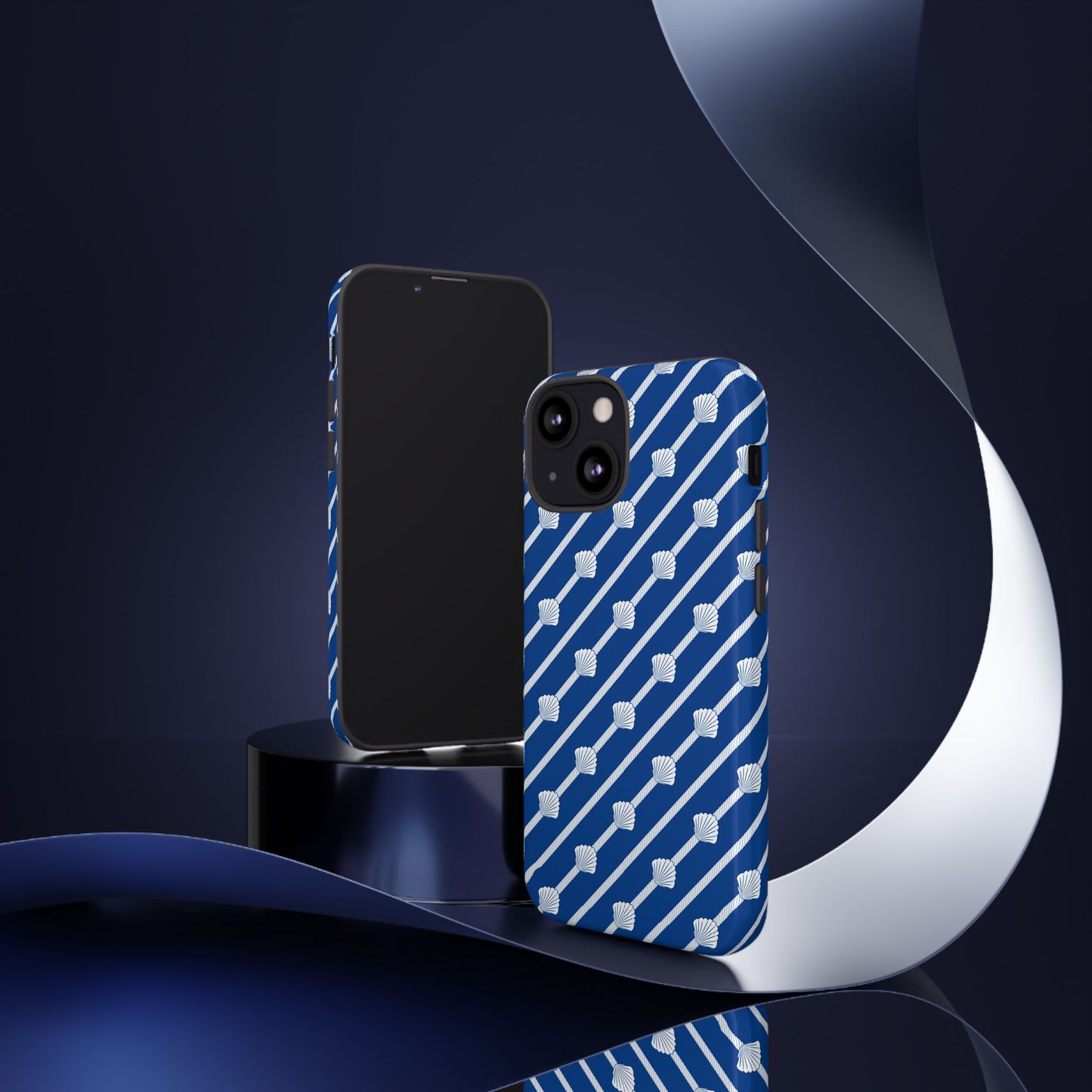Navy Blue Seashell Phone Case for iPhone Samsung Pixel – Nautical Coastal Stripe Aesthetic - JGUS
