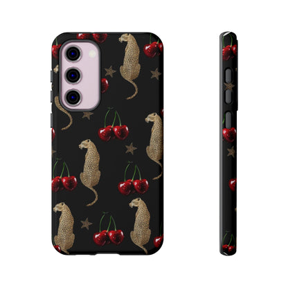 Cherry Leopard Phone Case – Glossy Black Protective Case for iPhone & Samsung