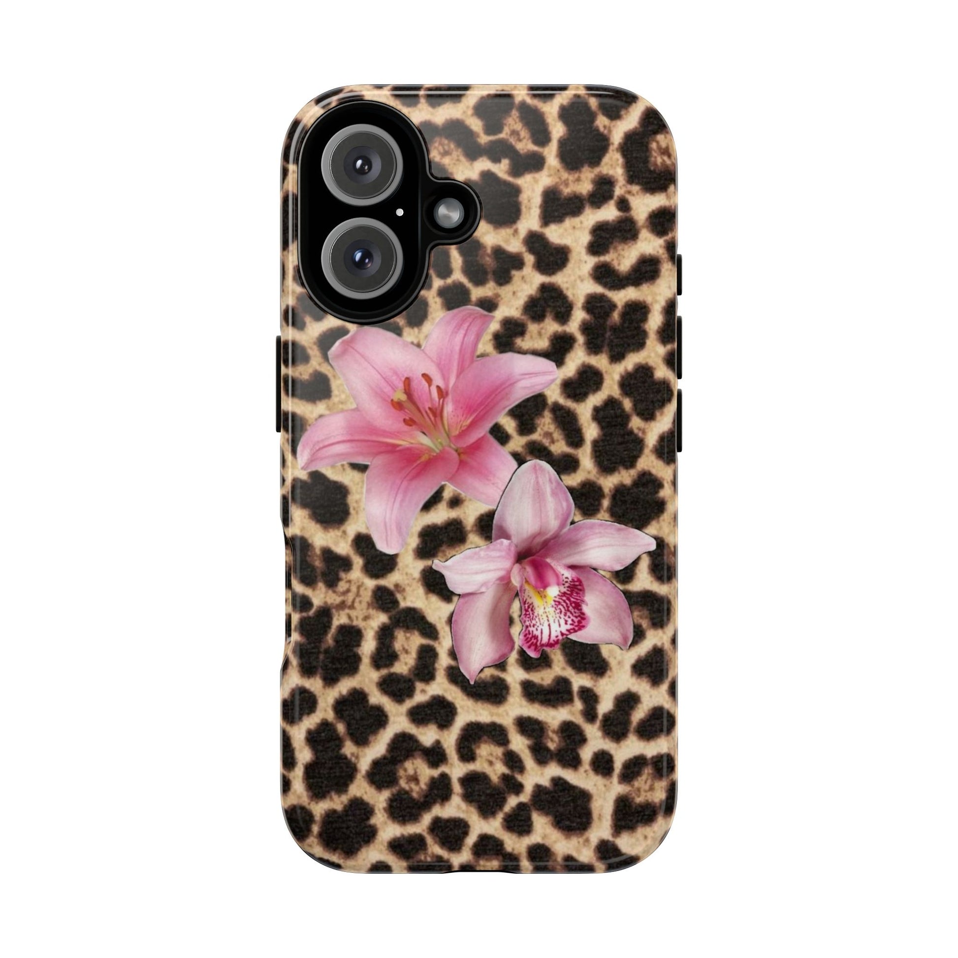 Leopard Print Phone Case with Pink Flowers – Stylish Floral Animal Design for iPhone & Samsung - JGUS