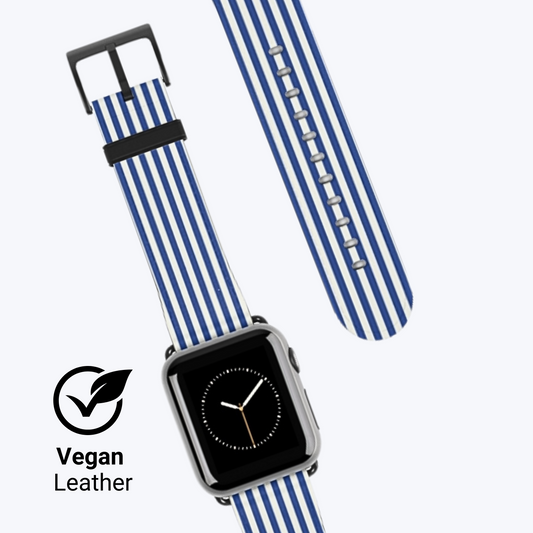 Blue White Striped Apple Watch Band – Vegan Leather, Stylish Design, Durable & Comfortable