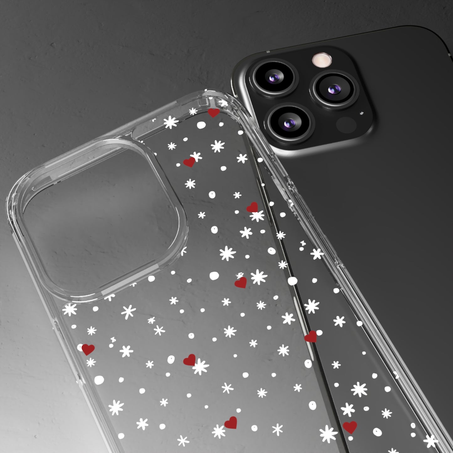 Snowy Hearts Clear Phone Case