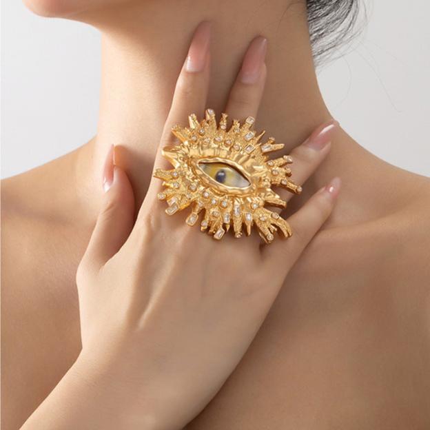 18K Gold-Plated Sunburst Evil Eye Statement Ring | Bold and Unique Design