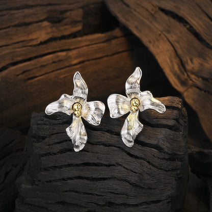 Sterling Silver Leaf Flower Ear Studs | 24K Gold Plated Women's Jewelry