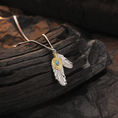 Vintage Style Feather Pendant Necklace | Sterling Silver Plated with Turquoise Inlay & 24K Gold