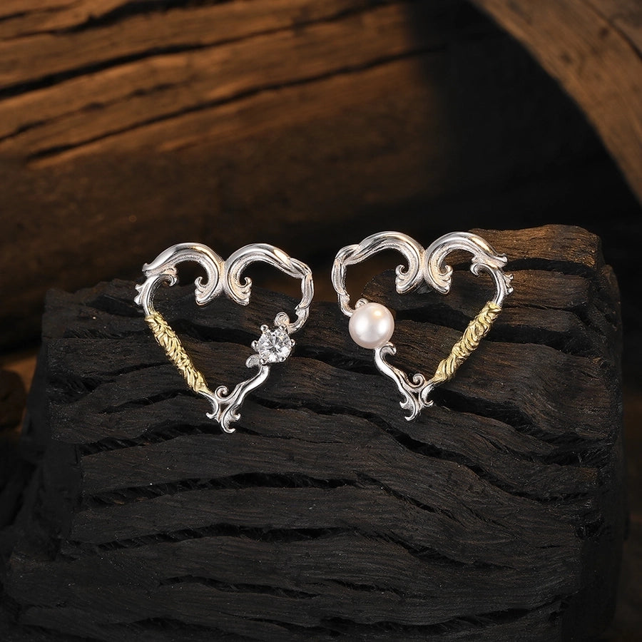 1 pair original design heart shape plating inlay sterling silver freshwater pearl zircon 24k gold plated white gold plated ear studs