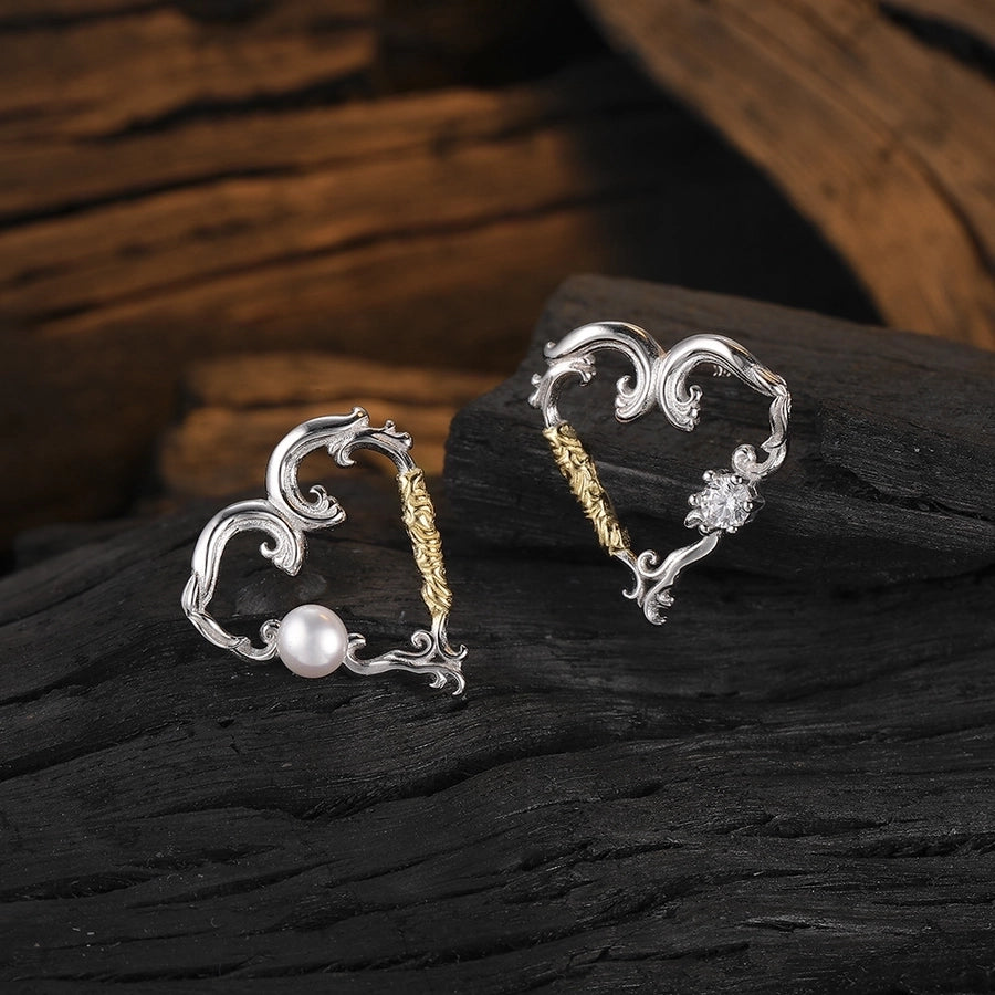 1 pair original design heart shape plating inlay sterling silver freshwater pearl zircon 24k gold plated white gold plated ear studs