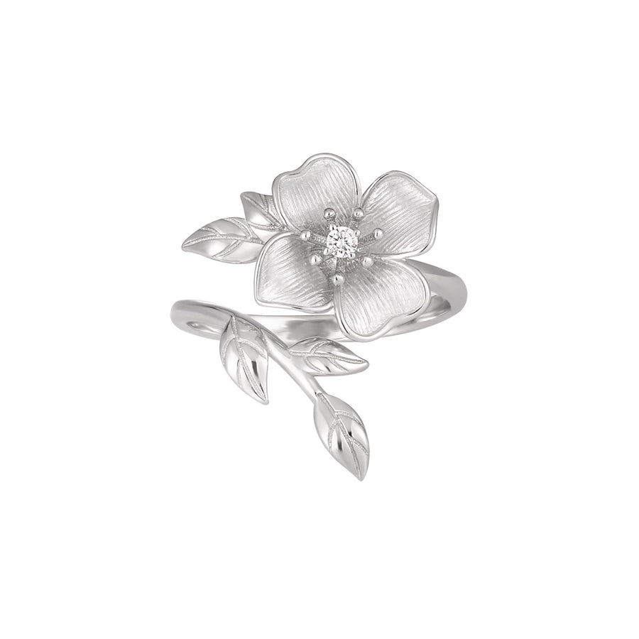 Flower Design White Gold Plated Sterling Silver Zircon Open Ring | Adjustable Women's Jewelry